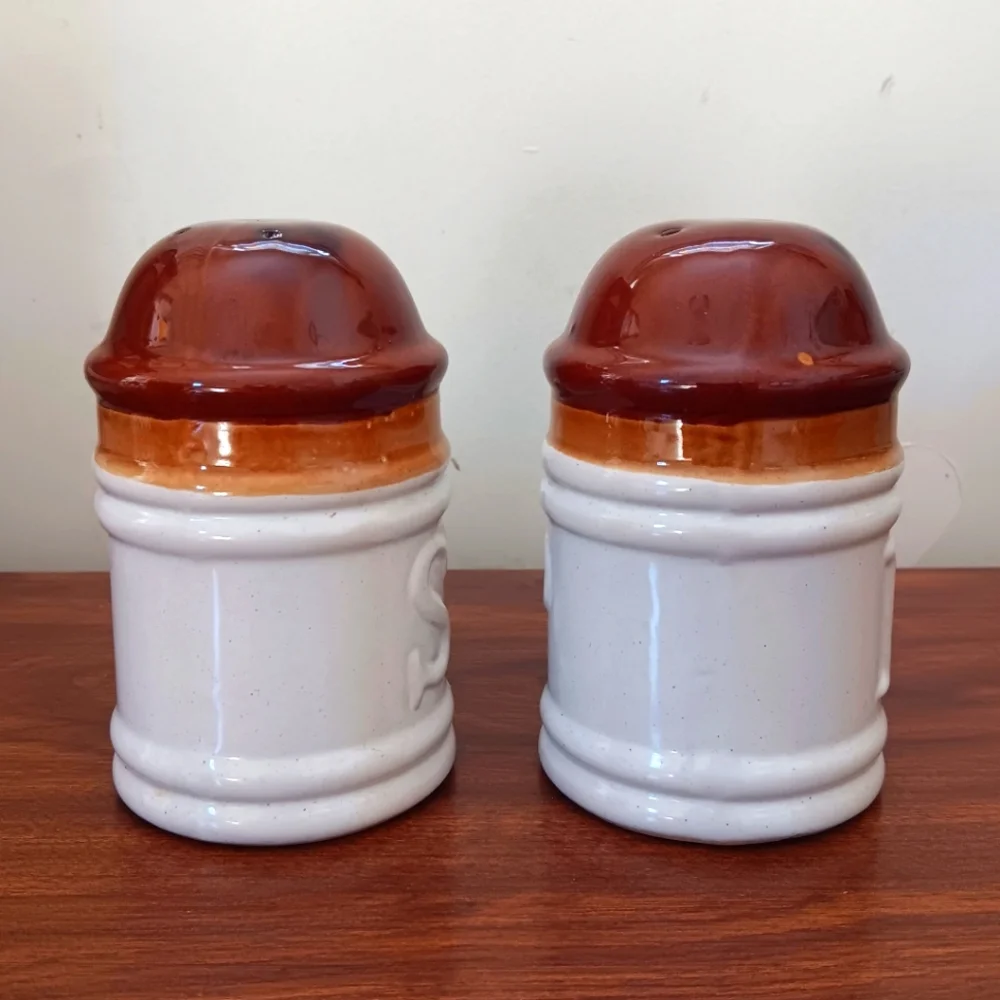 Vintage Ceramic Brown & White Glazed Salt & Pepper Shaker Set